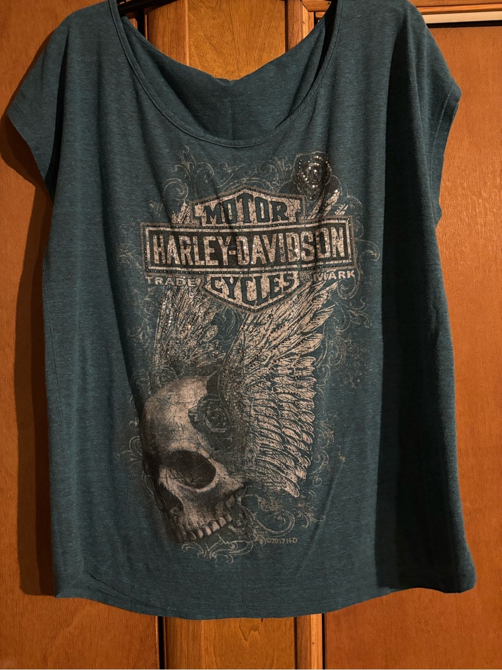 Harley-Davidson Teal Graphic Tee with Skull & Wing Design